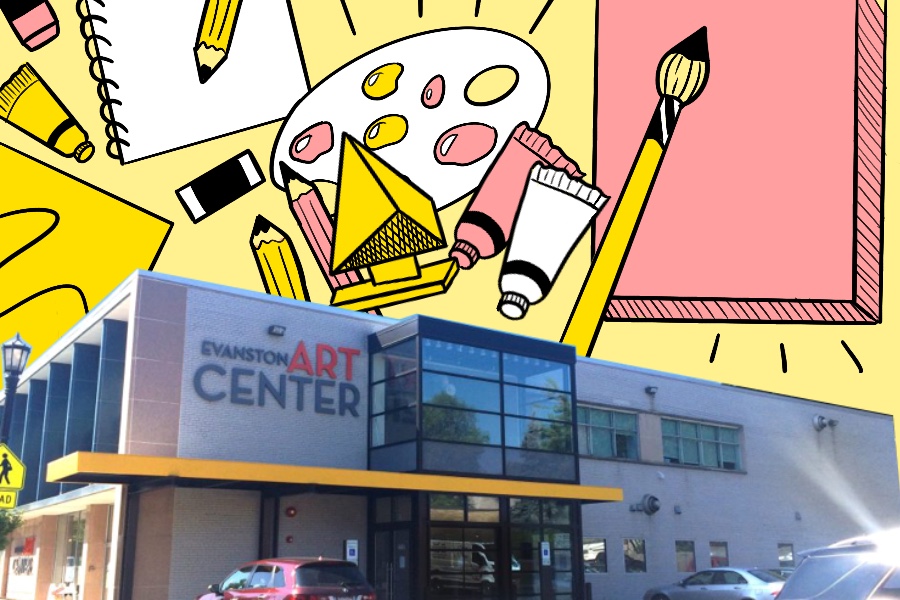 A photo of the outside of the Evanston Arts Center. The background of the photo has been replaced with a yellow background and drawings of painting and drawing supplies in shades of white, yellow and pink.