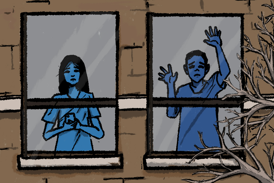 Two blue students looking distressed stare out the window, as seen from outside a beige building. One is on their phone and one has their hands pressed against the window.