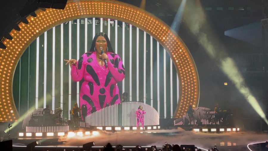A woman wearing a sparkly pink and black jumpsuit sings and a larger image of her is blown up behind her.