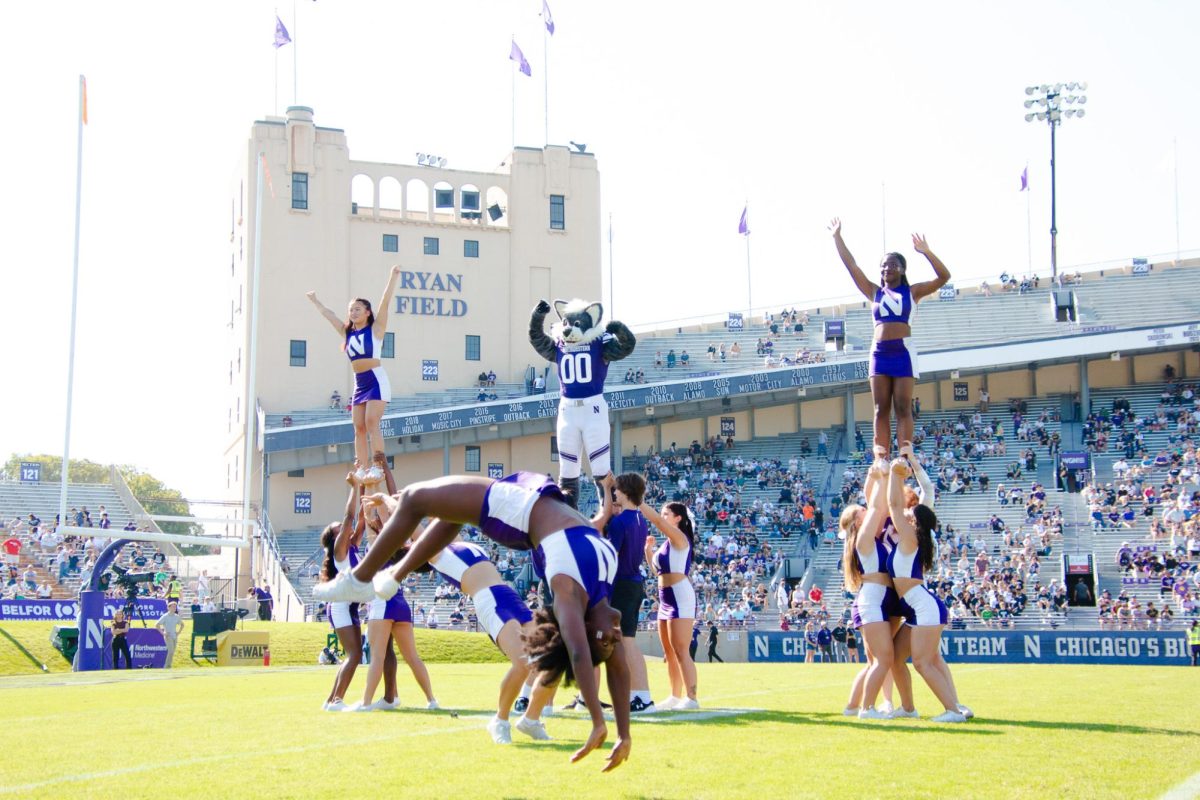 NU cheerleaders at Northwestern Football’s game against Penn State University on Sept. 30 at Ryan Field. Former cheerleader Hayden Richardson sued the University for alleged forced labor and sex trafficking in 2021.
