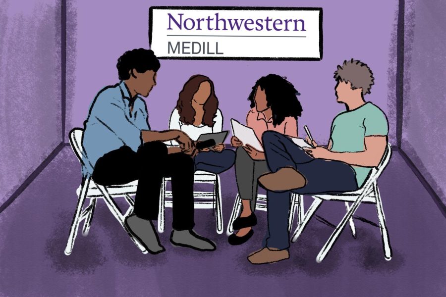 A group of four people sit on folding chairs talking. A sign above them says “Northwestern Medill.”