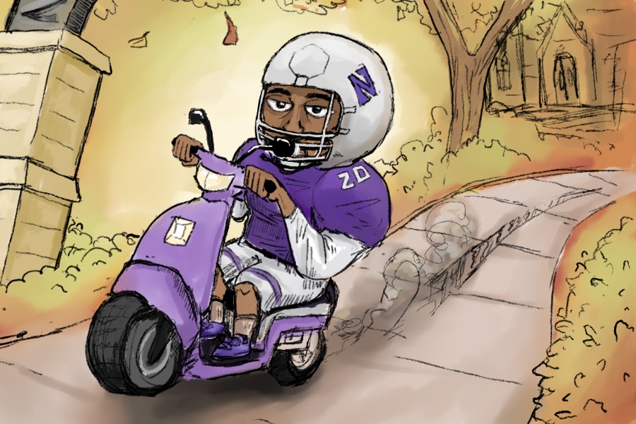 An illustration of a football player on a moped
