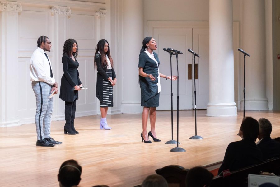 Singing siblings Charity, Chamaya, Chantal and Carlis Moody perform as part of Sunday’s Martin Luther King Jr. Celebration. The celebration aimed to unite the Evanston community through art.