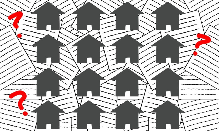 An illustration of houses with a backdrop of papers.