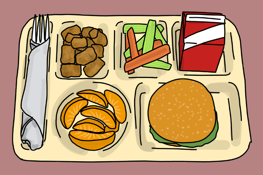 A number of food items on a tan lunch plate. From left to right, there is a fork, tater tots, celery and carrots and a carton of milk. Below that there are orange slices and a burger.